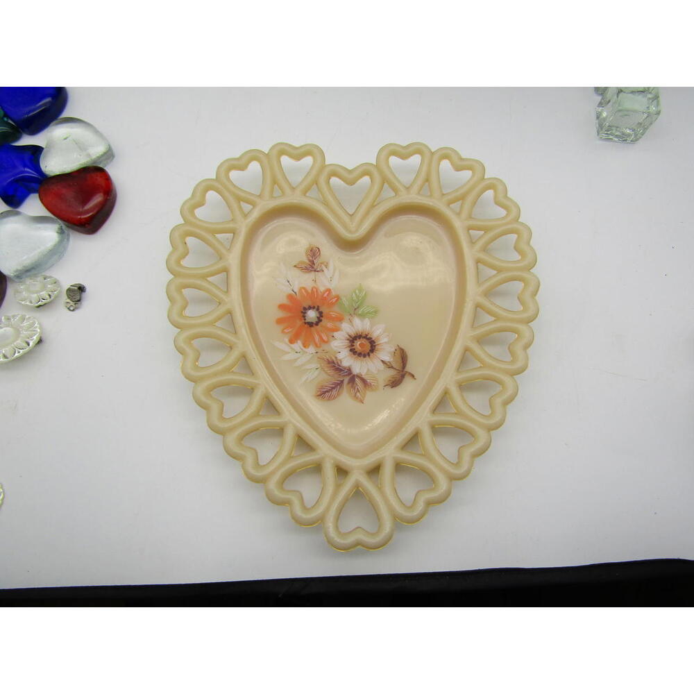 Westmorland Almond Milk Glass Heart Shaped Lace Edged Plate Hand Painted
